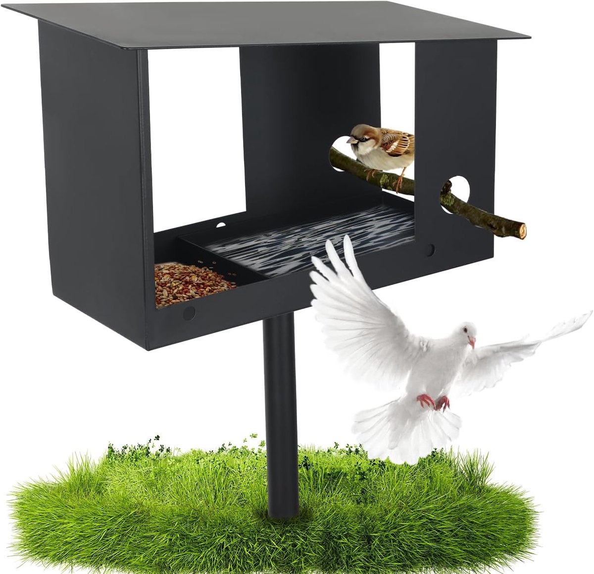 Vogelhuis met standaard, weerbestendig, metalen voederhuis voor vogels, staand 3-in-1 vogelhuis met weerbestendig metalen dak, stabiel vogelvoederhuis voor tuin