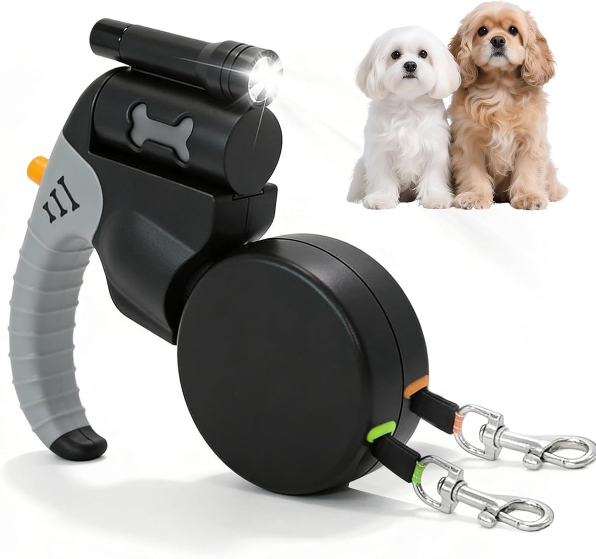 hondenriem, rolhondenriem, uitschuifbare riem, met 2 snelsluitingen, 360° tot 360° draaibaar, reflecterend, dubbele hondenriem voor kleine en middelgrote honden, zwart en grijs