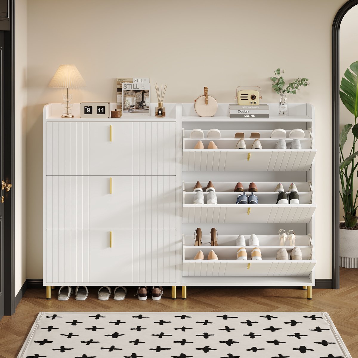 REDOM - Schoenenkast - Verstelbare binnenplanken - Met opbergplateau en kantelbeveiliging - Moderne stijl - Hal - MDF - Wit - 80 x 23 x 123,5 cm