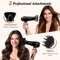 Zwarte Aigostar haardroger met concentrator en diffuser. Vrouwen met lang haar tonen effecten.