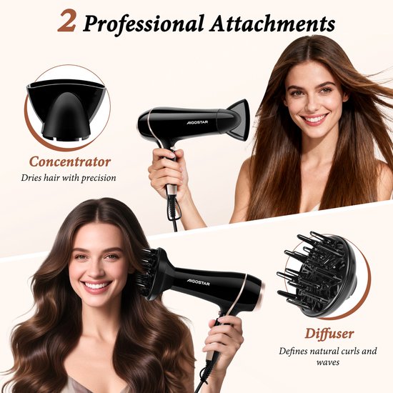 Zwarte Aigostar haardroger met concentrator en diffuser. Vrouwen met lang haar tonen effecten.