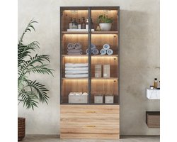 DESMIU Badkamerkast – Hoge Opbergkast Met Lichtstrip En 2 Laden – 2 Deuren Met Gehard Glas Voor Badkamer – MDF – 75×34,5×170 Cm – Bruin