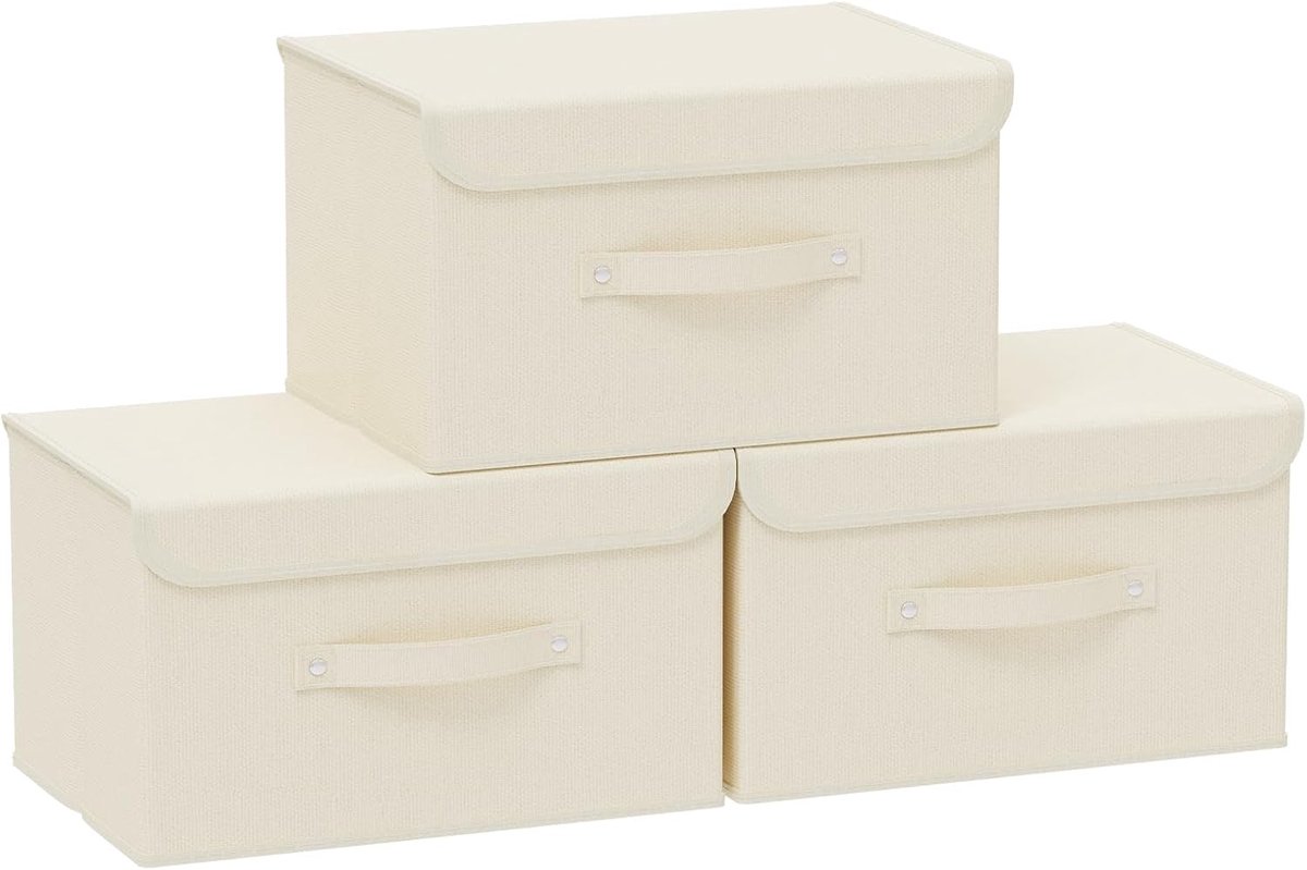 kubusorganisatoren met klepdeksel en handgrepen, dozen voor het organiseren van huis, kantoor en kast, beige, set van 3, 33x23x20cm