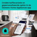 Grasie van app-weergave met koffievariaties en gepersonaliseerde opties via de Siemens Home Connect app.