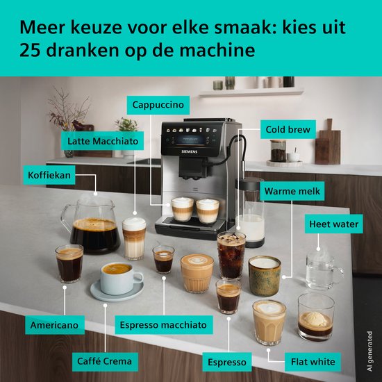 Overzicht van Siemens volautomaat espressomachine met alle beschikbare dranken, zoals koffiekan, latte macchiato, espresso.