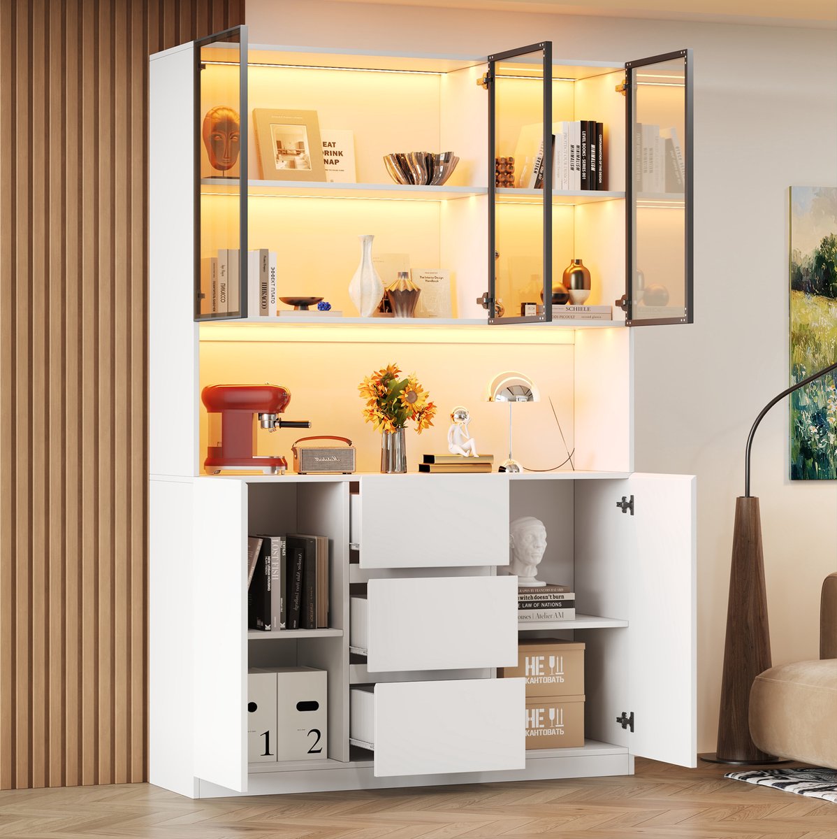 HAUSS SPOLE Dressoir - Glasvitrine Met Meerkleurige Ledverlichting En Open Vak - 3 Lades En 2 Deuren - MDF - 120x40x200 Cm - Wit