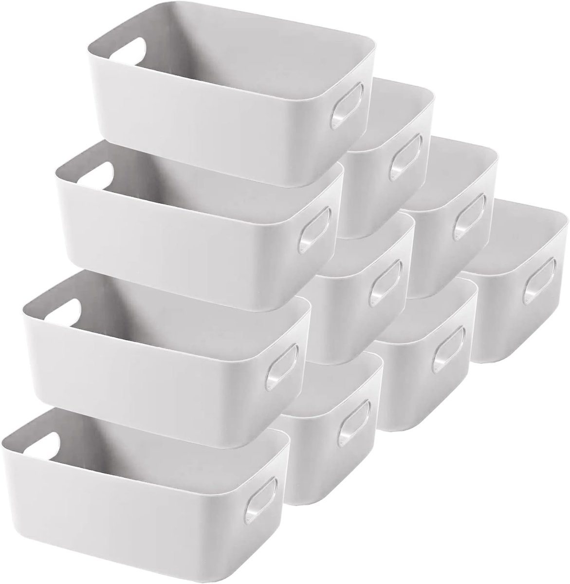 10 stuks opbergdozen van kunststof, 25 cm, grijs, opbergmand voor keuken, met handgrepen, opbergdoos, kunststof, opbergbak, badkamer, kantoor, kast, cosmetica