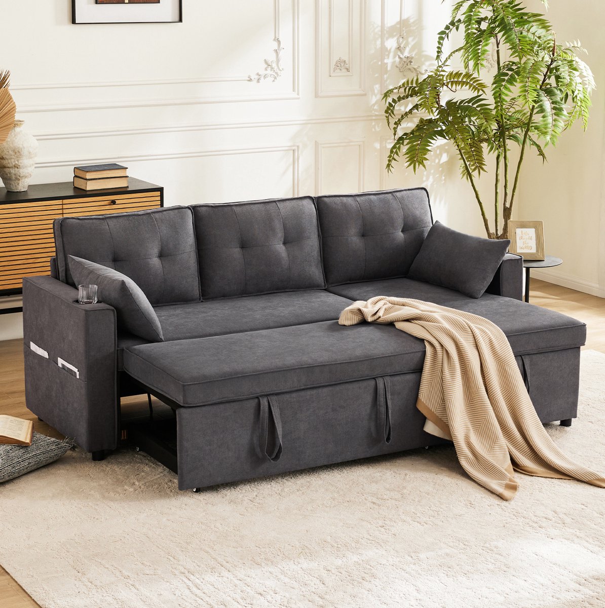 MIVRAY Slaapbank 211 x 130 x 86 cm - L-Vormig Met Slaapfunctie, Opbergruimte En Bekerhouders - Voor Woonkamer - Katoen Linnen Grijs