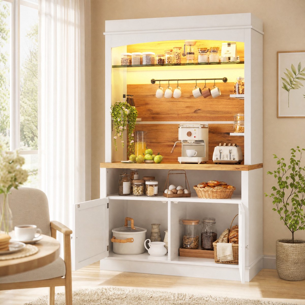 REDOM - Hoge kast - RGB-ledverlichting met app-bediening - Open en gesloten opbergruimte met glazen plank en 6 haken - MDF en metaal - Wit - 107 x 34 x 184 cm