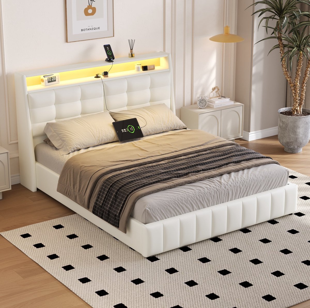 MEUNIQ platformbed 160 x 200 cm met LED-verlichting, USB en opbergruimte onder bed, verstelbaar hoofdbord, wit tweepersoons bed voor slaapkamer