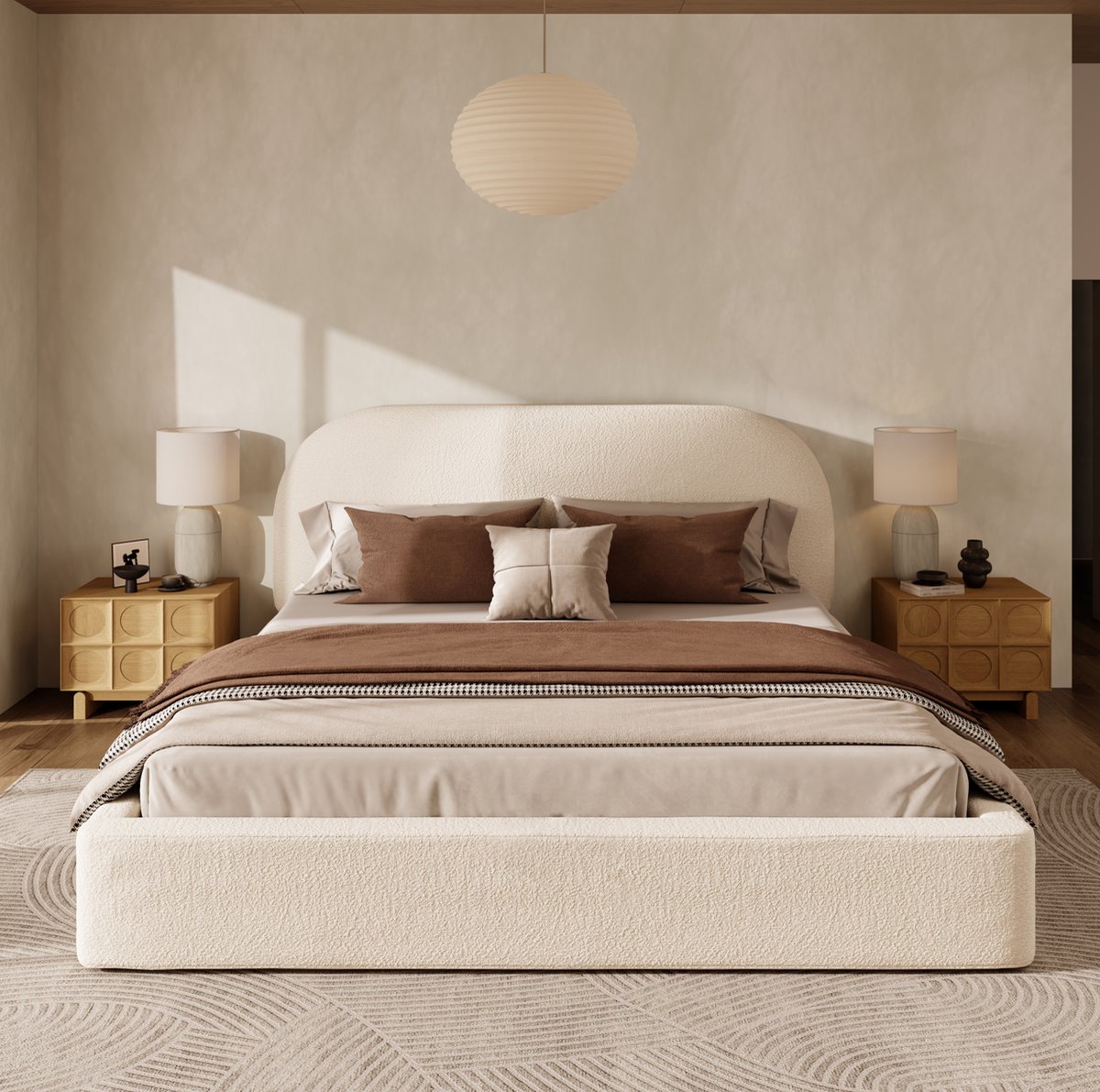MEUNIQ gestoffeerd tweepersoons bed 180 x 200 cm met lattenbodem, gevoerd hoofdbord, afneembare en wasbare delen, slaapkamer, Beige
