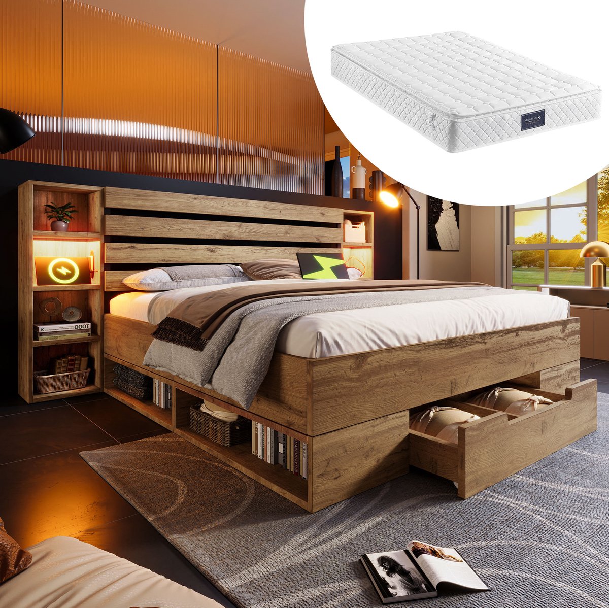 MEUNIQ tweepersoons bed 160x200 met LED, USB en Type-C, opbergend hoofdbord en 2 lades, lattenbodem, eiken, slaapkamer