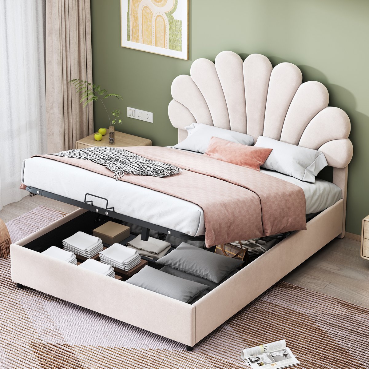 MEUNIQ gestoffeerd tweepersoons bed 140 x 200 cm met verstelbaar bloemvormig hoofdbord, lattenbodem en hydraulische opbergruimte voor slaapkamer, beige