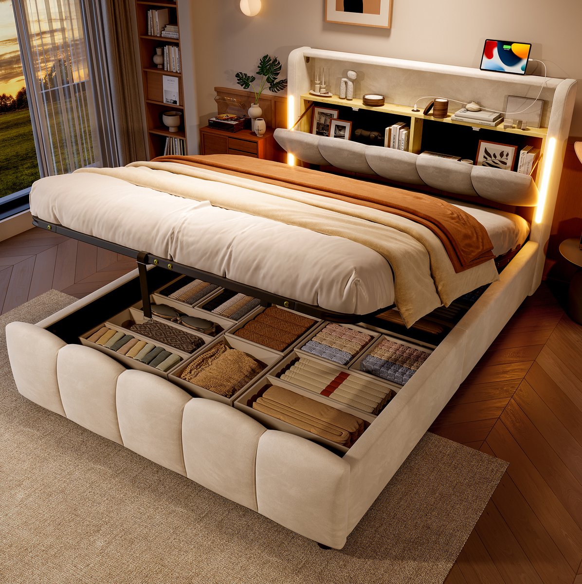 MEUNIQ gestoffeerd bed 140 x 200 cm met LED-verlichting, opbergruimte, hoofdbord met opbergvak, USB en Type-C, tweepersoons bed voor slaapkamer, beige