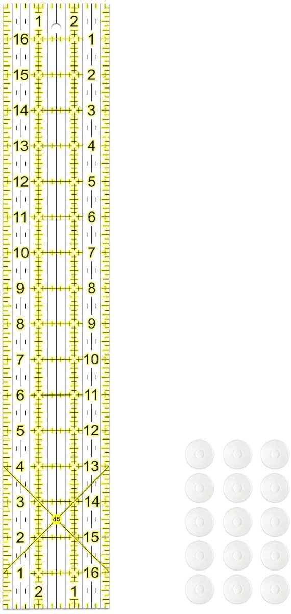 Quilters Liniaal - Naaien Liniaal - Stof Snijden - Antislip Ringen - 7.5 x 43 cm - Geel