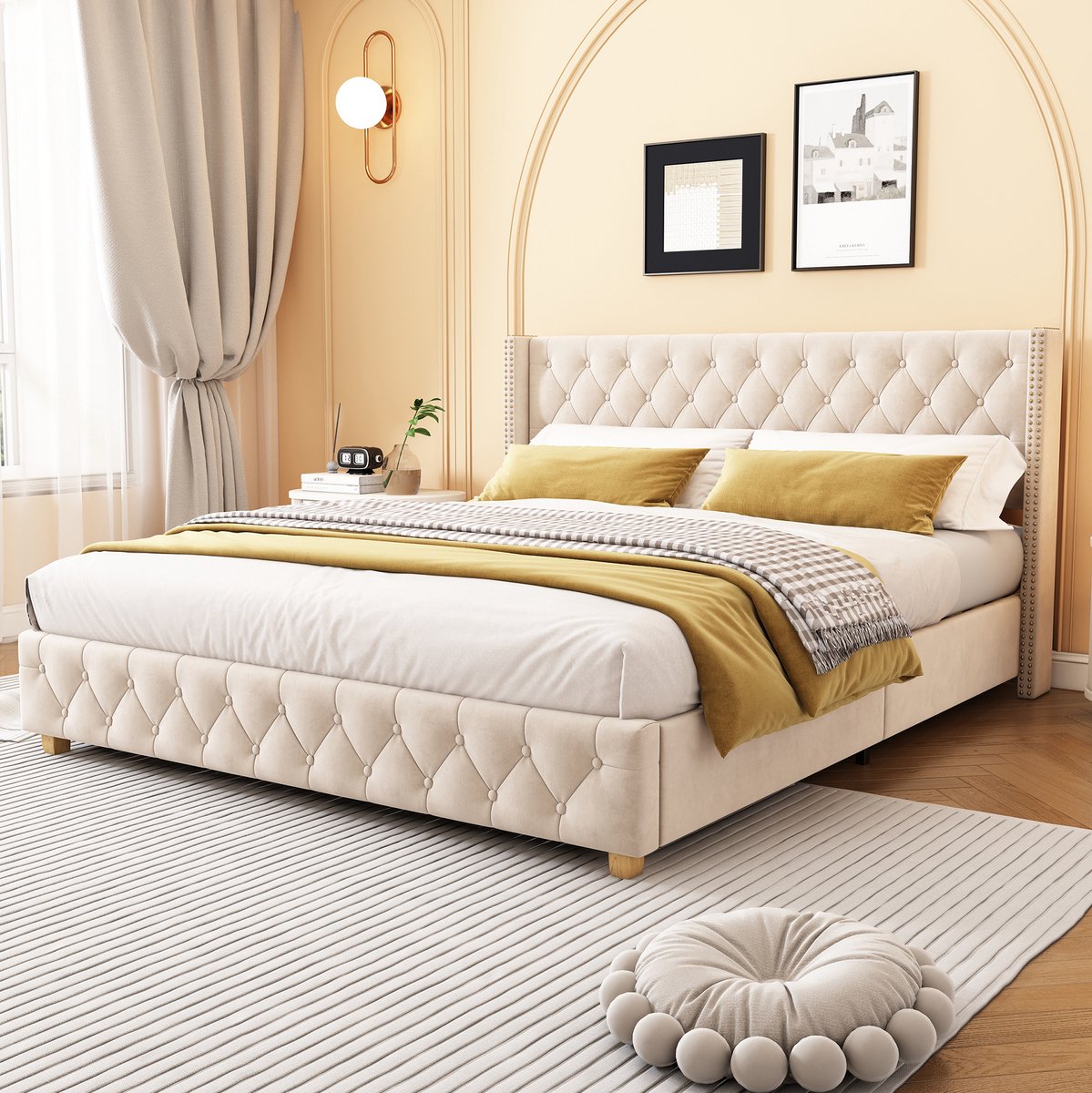 MEUNIQ gestoffeerd bed 160x200 cm met lattenbodem, hoofdbord en voetbord met knoopstikking, nageldetails, houten poten, tweepersoons bed voor slaapkamer, beige Lichtbeige
