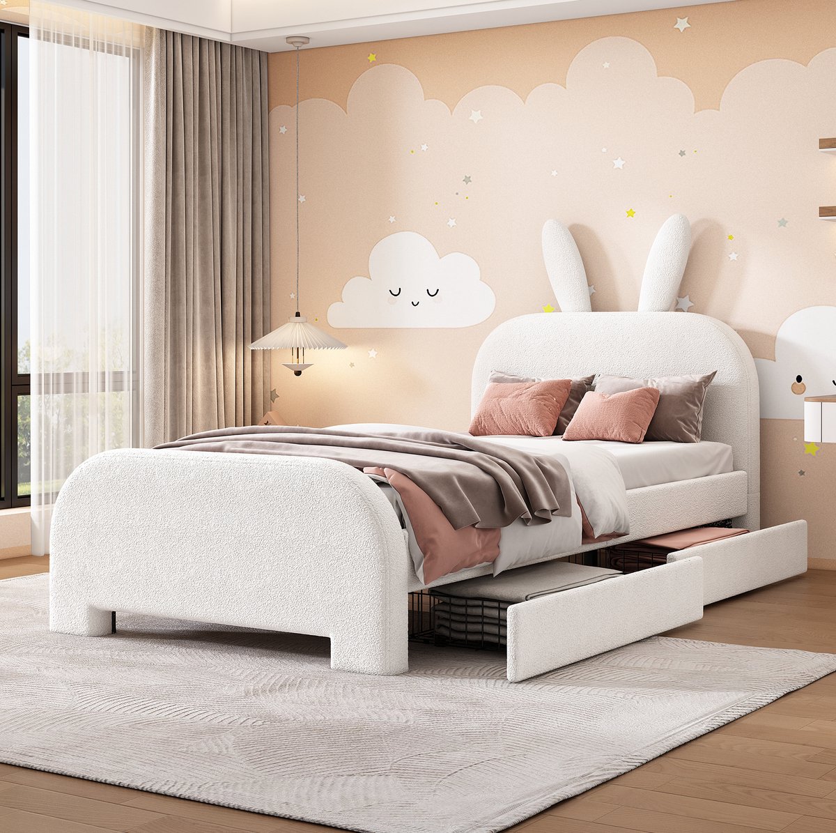 MEUNIQ kinderbed 90x200 cm met 2 lades, gestoffeerd bed met konijnvormig hoofdbord, MDF en stof, eenpersoonsbed voor kinderkamer, wit