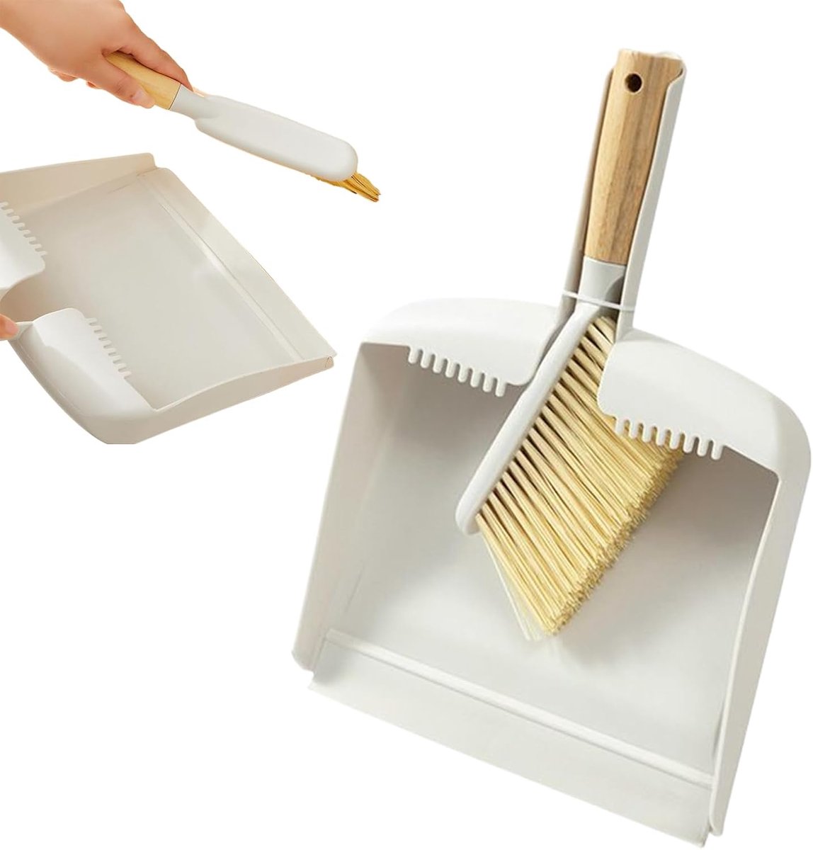 Mini veegset - Kleine bezem - Bureau reinigen - Ergonomisch houten handvat - Compact ontwerp - Wit