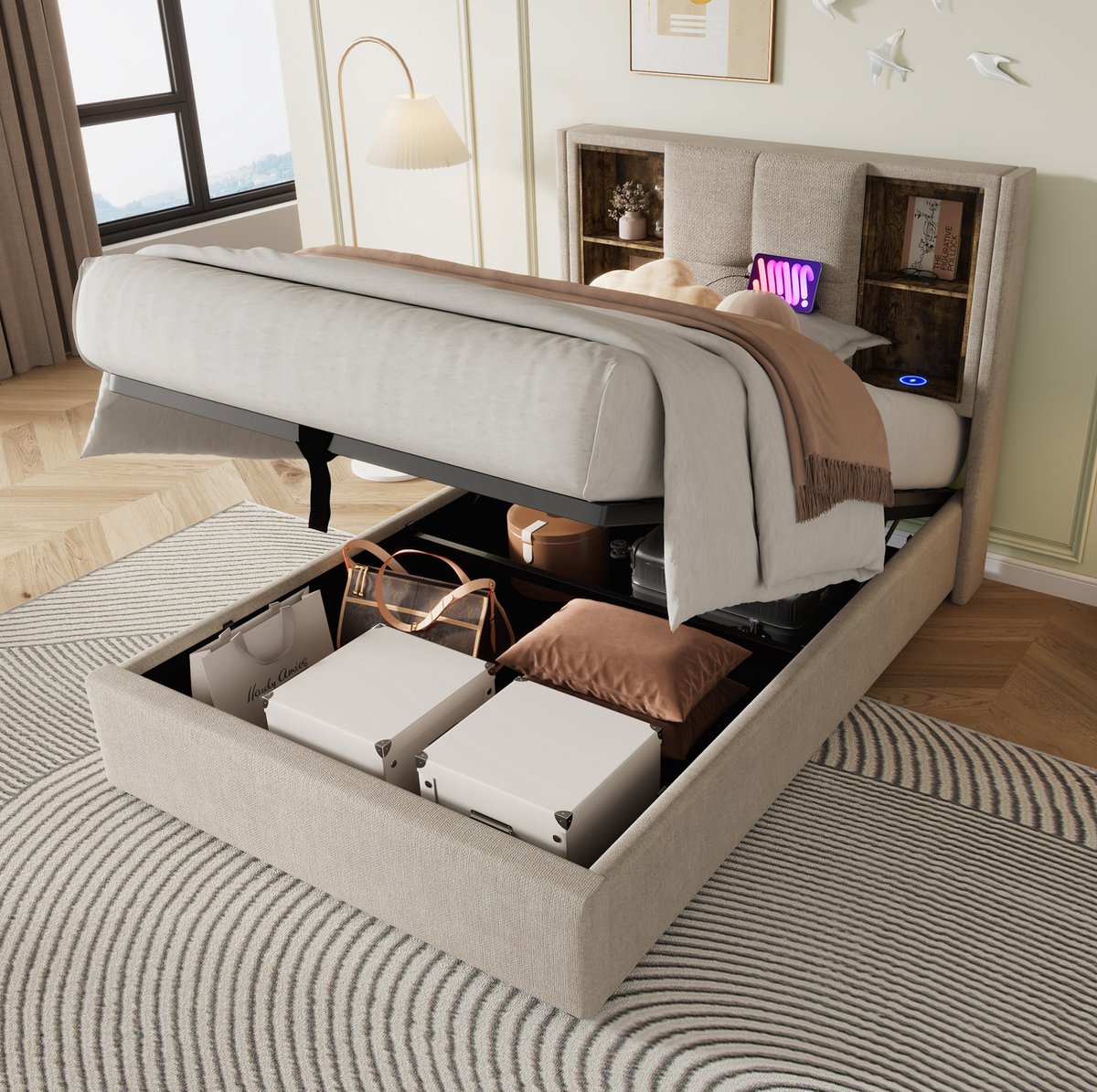 MEUNIQ eenpersoonsbed 90x200 cm met opbergruimte, stoffen bedframe met lattenbodem, hoofdbord met open vakken, draadloos laden, USB en USB-C, slaapkamer, naturel
