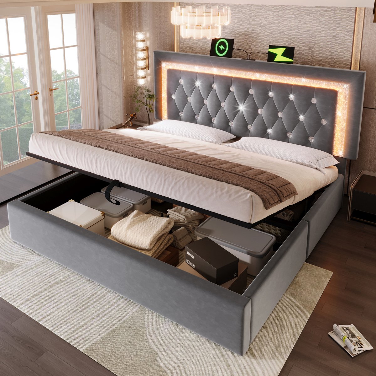 MEUNIQ tweepersoons bedframe 160x200 cm met LED-verlichting, USB en USB-C, verstelbaar hoofdeinde, hydraulische opbergruimte en lattenbodem voor slaapkamer, grijs