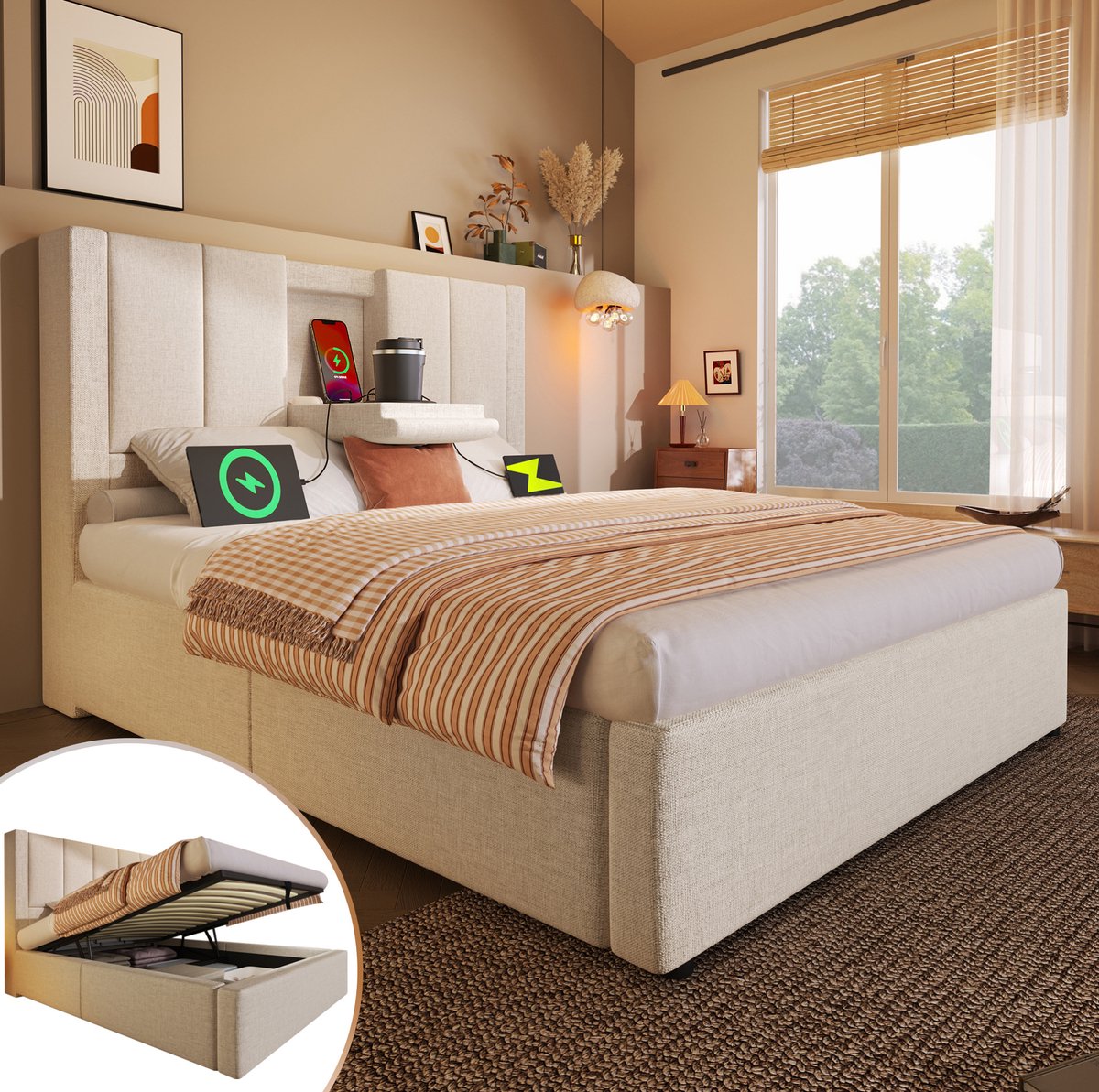 MEUNIQ gestoffeerd eenpersoons bed 90x200 cm met lattenbodem, hydraulische opbergruimte, verborgen bekerhouder en USB-oplaadstation, slaapkamer, beige