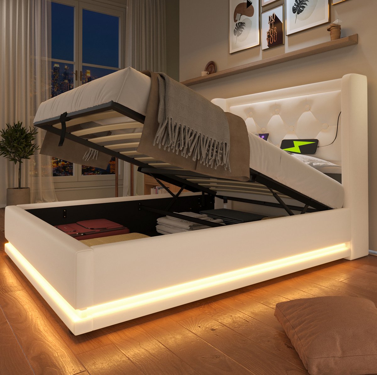 MEUNIQ gestoffeerd eenpersoons bed 90x200 cm met hydraulische opbergruimte, hoofdbord met USB en Type-C, 3-zijdige LED-verlichting, kunstleer, wit