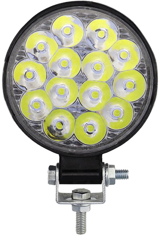 Ronde LED-werklamp met 14 lampjes, zwarte rand, met metalen U-vormige montagebeugel.