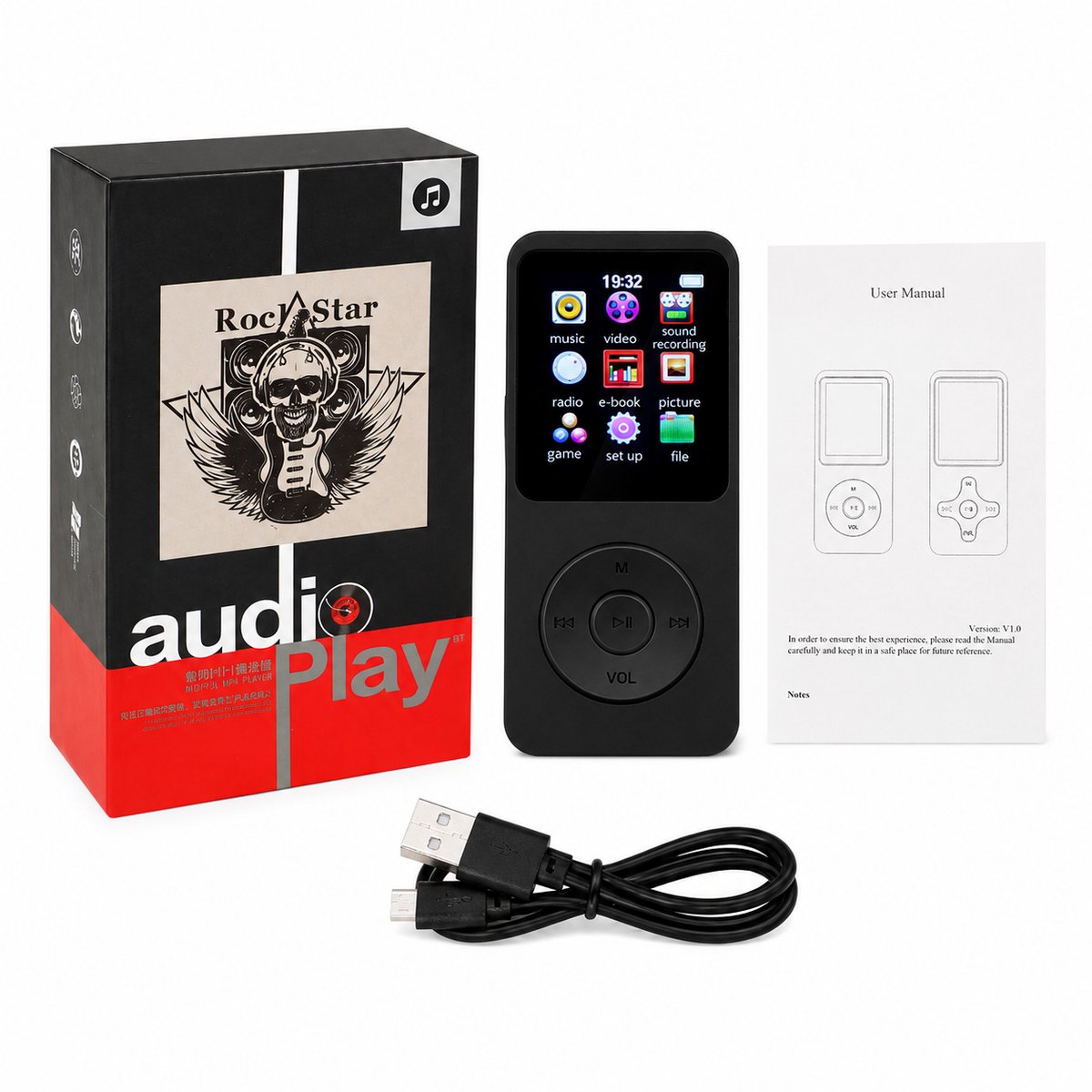 Gloovon® MP3-speler met Ingebouwde Speaker - Muziekspeler 64GB - Inclusief FM Radio & Oortjes - 1.8 Inch LCD-Scherm - Zwart