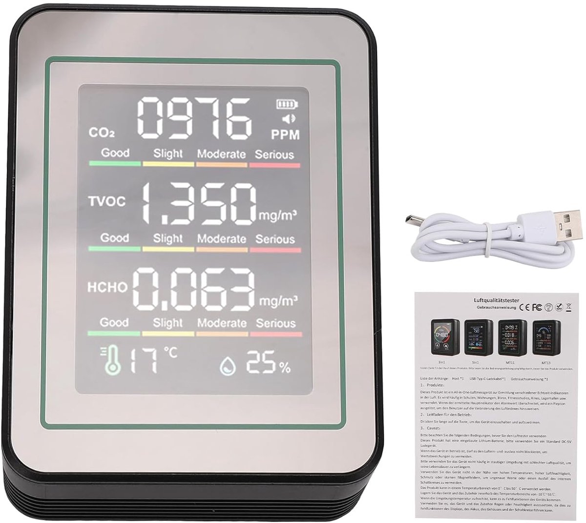 Luchtkwaliteitsmonitor - CO2 meter - Binnenklimaat controleren - 5-in-1 meting - 9x7x3.5cm - Zwart