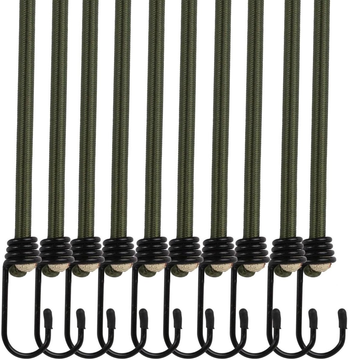 Bungy Koorden - Spanbanden met Haken - Lading Vastzetten - Duurzame Dubbele Haken - 100 cm 10 Stuks - Legergroen
