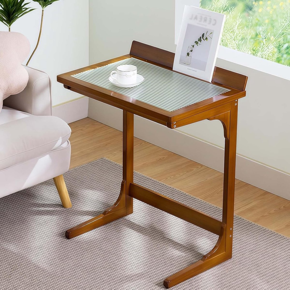 C-vormige bijzettafel - Accenttafel Eettafel - Laptop Gebruik - Ruimtebesparend Ontwerp - 60x40x76cm - Walnoot