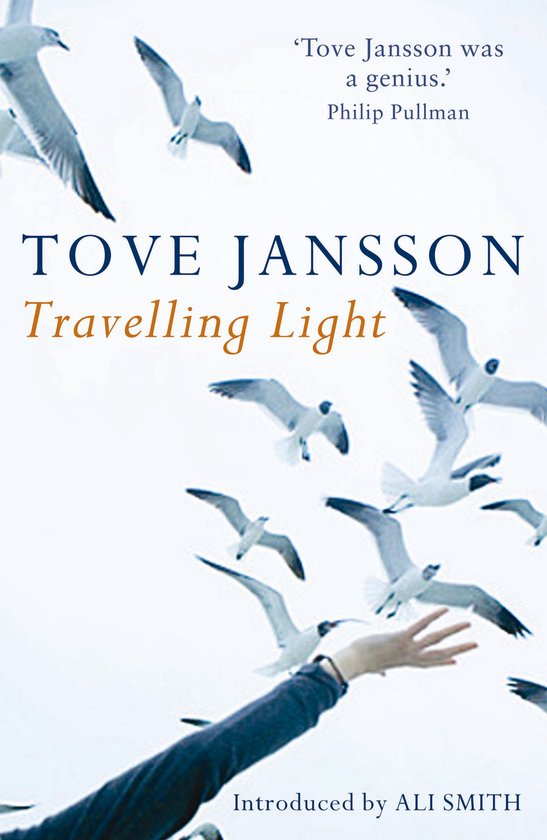 Boekomslag 'Travelling Light' van Tove Jansson, met een close-up van een hand die omhoog reikt naar vliegende meeuwen.