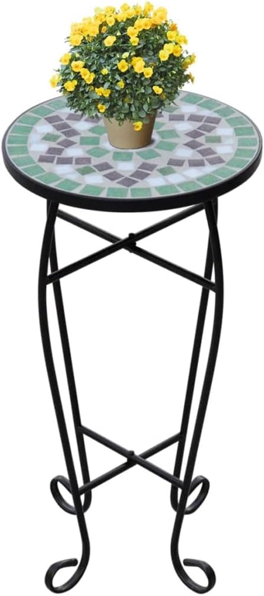 Mozaïek Bijzettafel - Plantentafel Tafel - Buiten Gebruik - Keramisch Tafelblad - 30 cm Diameter - Groen Wit