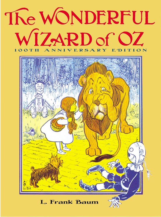 Boekomslag van 'The Wonderful Wizard of Oz' met Dorothy, de Leeuw, de Blikken Man en de Vogelschrik in een bosrijke omgeving.