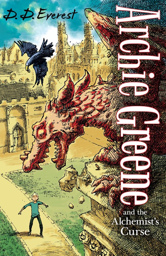 Boekcover 'Archie Greene and the Alchemist's Curse'. Een jongen kijkt omhoog naar een rode draak die uit een gebouw tevoorschijn komt. Een vogel vliegt naar de draak.