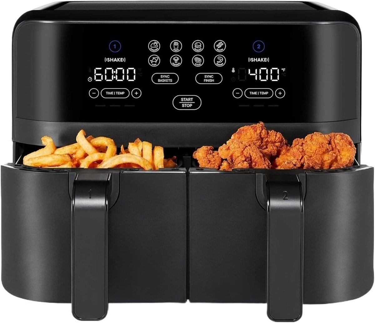 Slimme Airfryer - Dubbele Mand - Gezond Koken - Snelle Luchtcirculatie - 9 Qt - Zwart