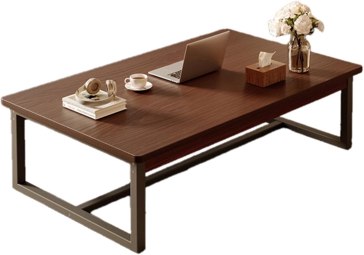 Salontafel Rechthoekig - Middentafel Woonkamer - Dagelijks Gebruik - Stevig Smeedijzeren Frame - 80 x 60 cm - Notenhout