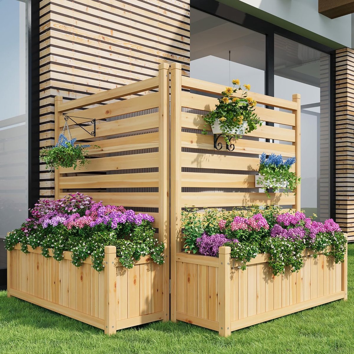 Houten Privacy Scherm met Plantenbak - 2-Delig Tuinscherm (102 x 56 cm per paneel) - Airco & Kliko Ombouw - Vrijstaande Houten Omheining - Divider voor Tuin, Balkon en Terras - Naturel