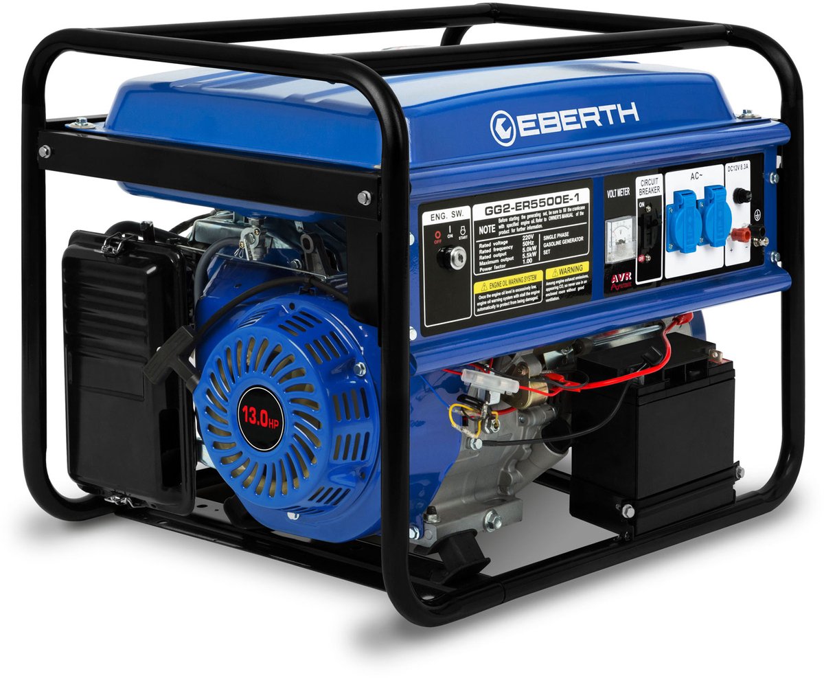 EBERTH 5500 Watt noodstroomaggregaat, stroomgenerator met 13 PS benzinemotor, viertakt, luchtgekoeld, 2x 230 V, 1x 12 V, elektrische starter, automatische spanningsregelaar (AVR), oliepeilbeveiliging, voltmeter