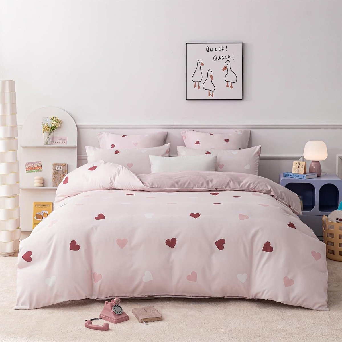 Dekbedovertrek 200 x 200 cm en 2 kussenslopen van 80 x 80 cm, rood en roze hartmotief, voor meisjes, cadeau voor kinderen, meisjes