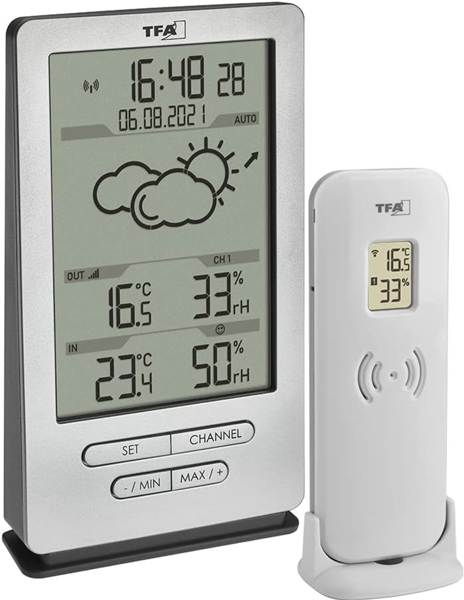 Draadloos weerstation - Klimaatmeter - Binnenklimaat monitoren - Weersvoorspelling met symbolen - 140mm hoog - Zilver