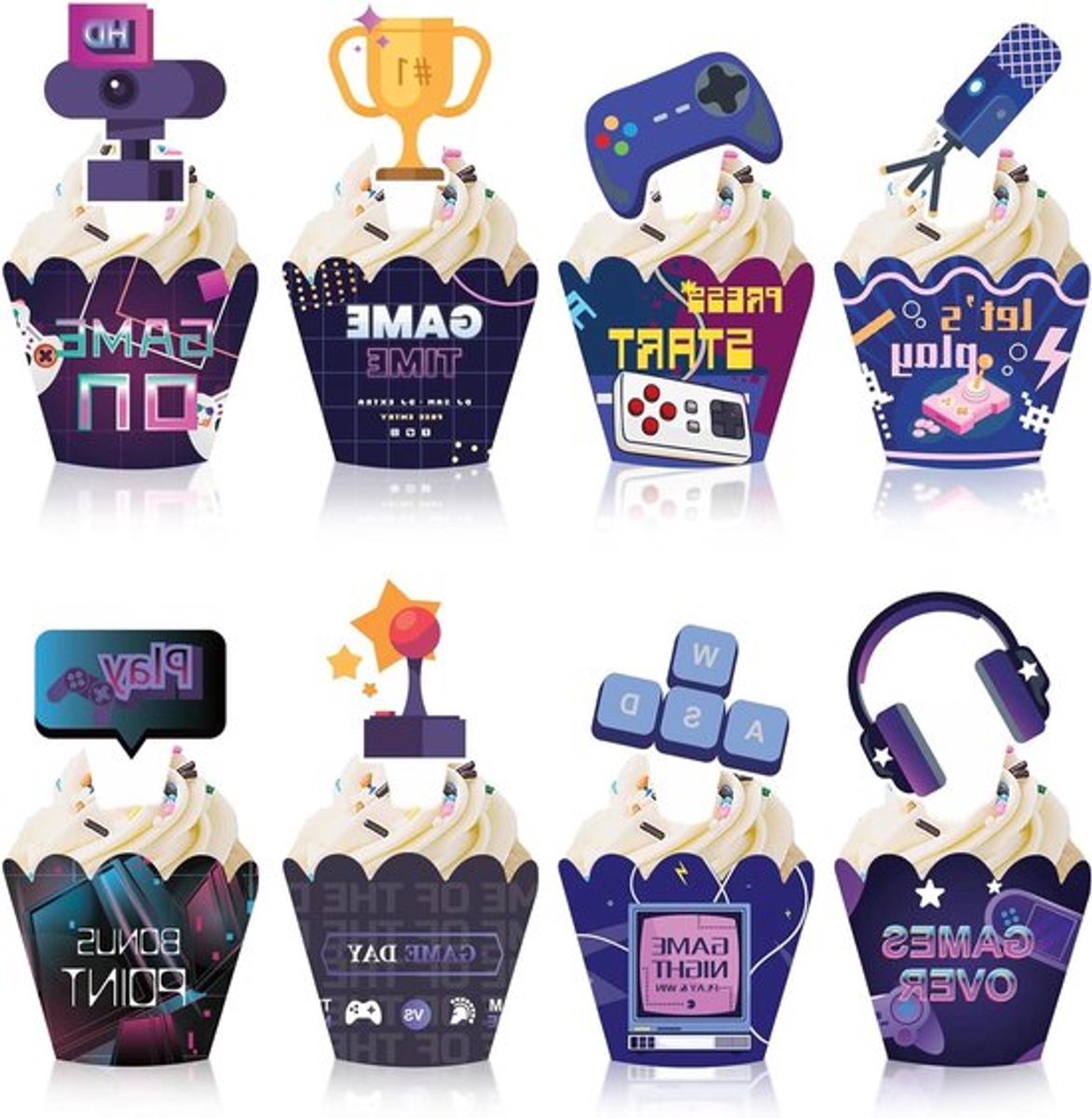 Inovra Plus - Cupcake toppers en wrappers voor videogame thema - set van 48 stuks