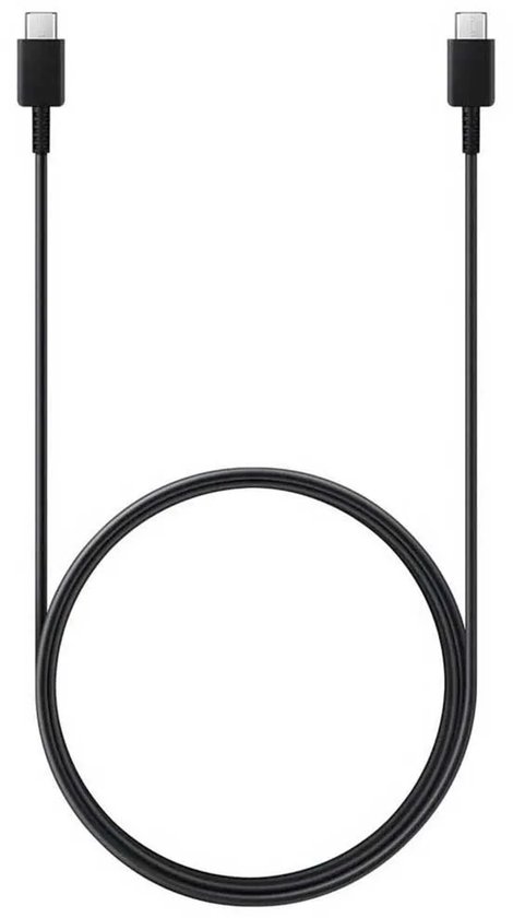 Zwarte USB-C naar USB-C oplaadkabel van 1,8 meter, in een lus gelegd.