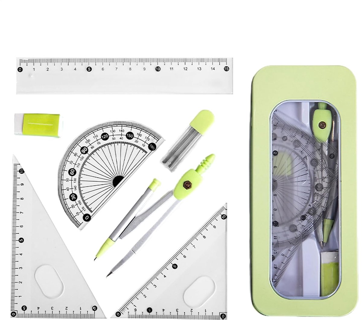 Liniaalset Geometrisch - Meetinstrumenten Set - Nauwkeurig Tekenen - Roestvrij Staal - 7 Delig - Groen