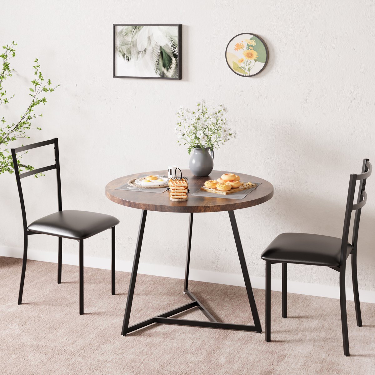 Eettafel Stoel Set 3-delig - 80x80x75cm - Ronde Tafel met Metalen Frame - 2 Beklede Stoelen - Compact voor Eetkamer Woonkamer en Appartement - Bruin