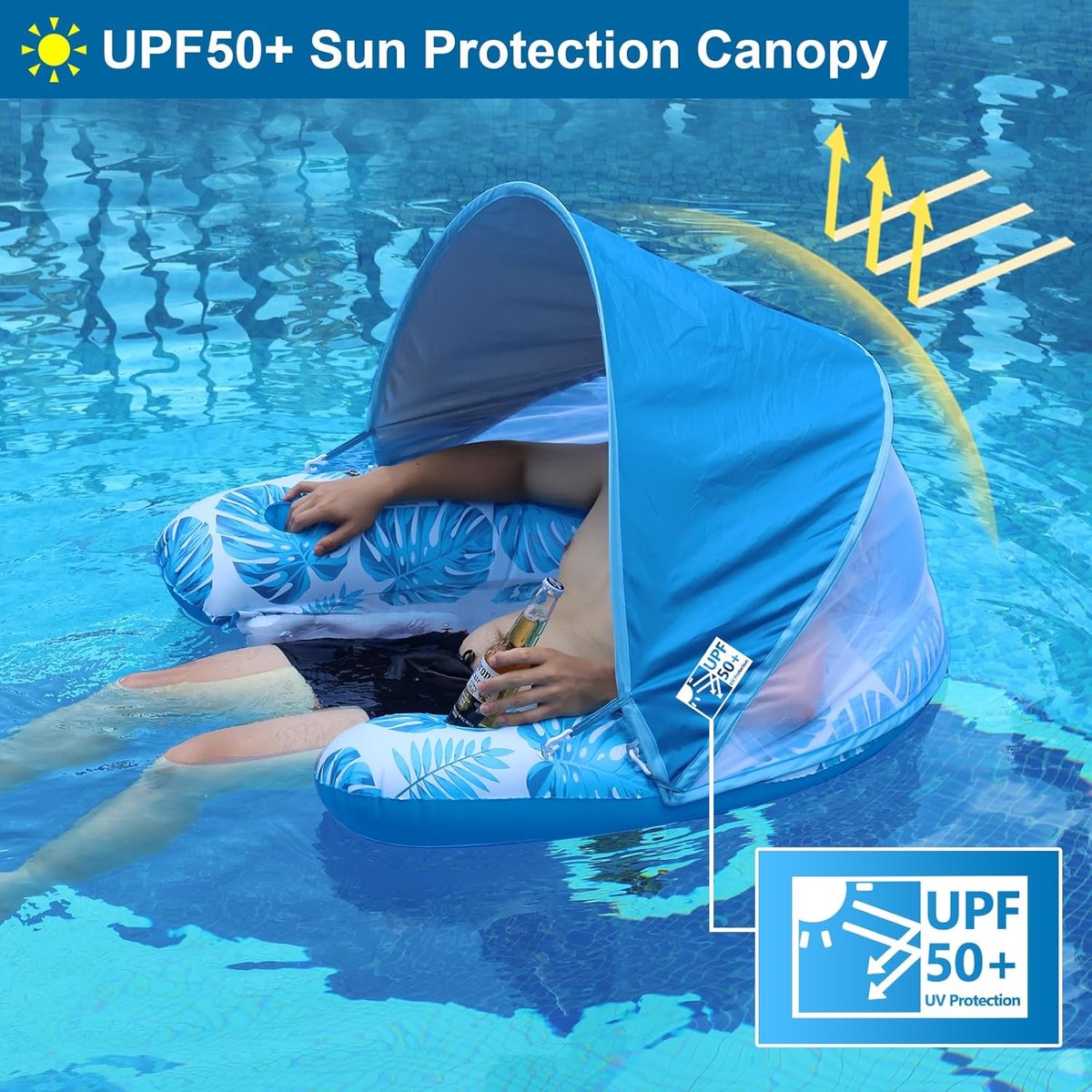 Luchtbed zwembad - Opblaasbare zwembad - Opblaasband - Opblaasbare Zwembadstoel met Zonnekap - Pool Float voor Volwassenen - Drijvende Lounge Stoel met Rugleuning en Armleuningen - Inclusief 2 Bekerhouders -120 x 95 x 70 cm