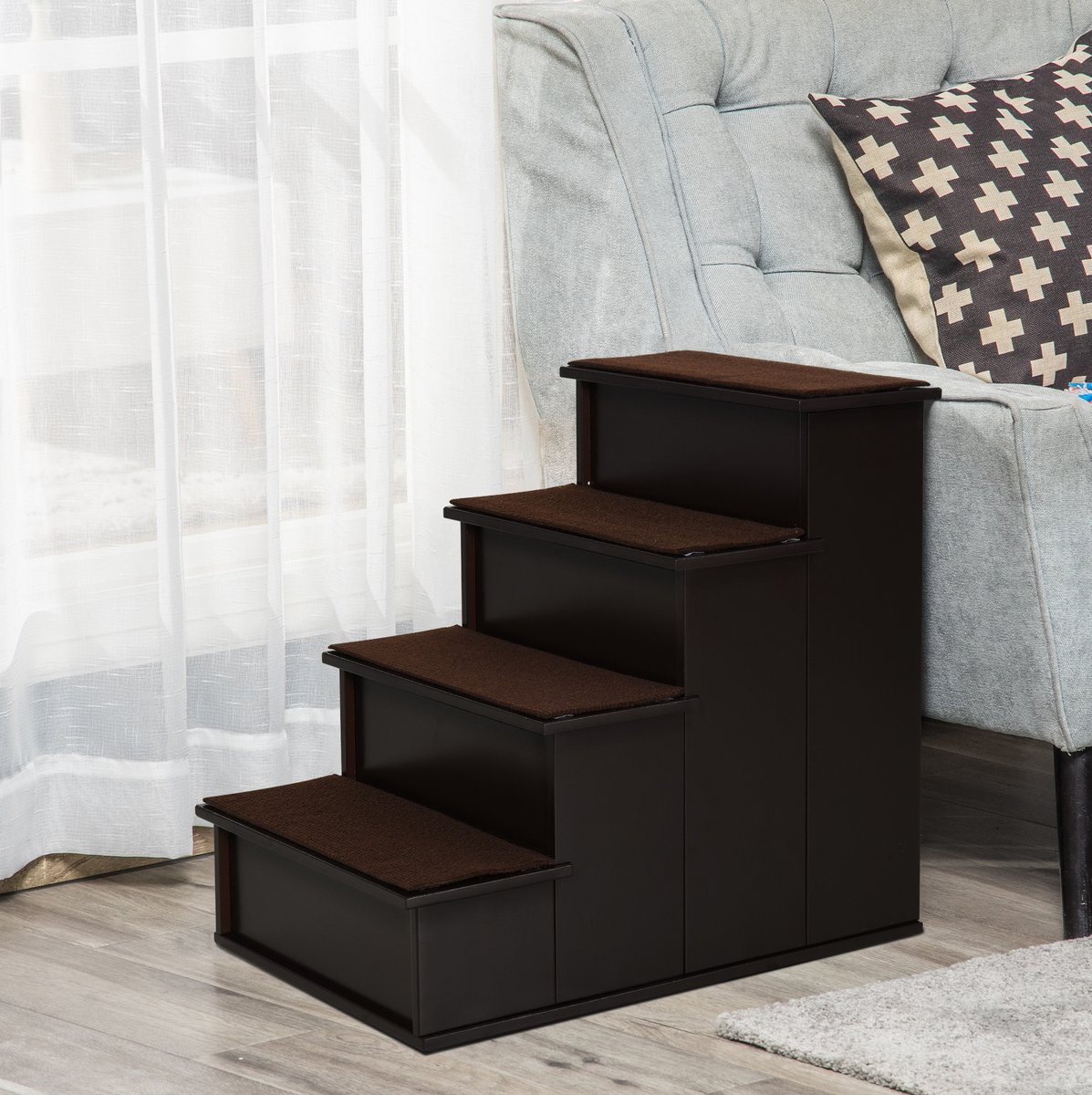 HAUSS SPOLE Huisdiertrap – Veilige Instaphulp – 40 x 59 x 54,2 cm – MDF – Donkerbruin – Voor Bank en Bed – Met Afneembare Tapijttreden