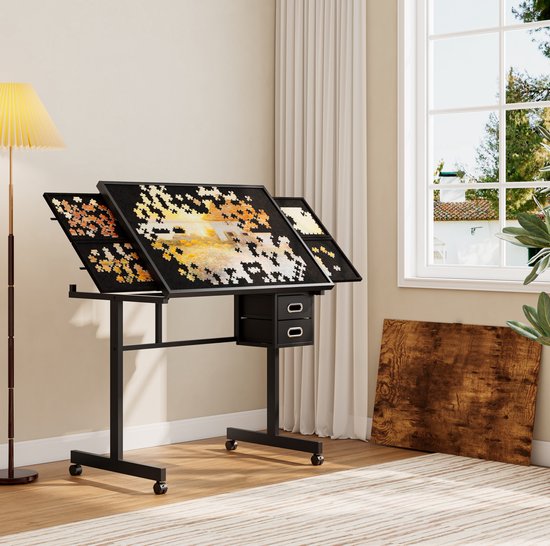 Puzzeltafel - Verstelbaar Blad Met Beschermblad En Opberglades - Verrijdbaar Voor Puzzelen En Tekenen - MDF En Metaal - 90 X 60 X 80 Cm - Zwart — afbeelding 2