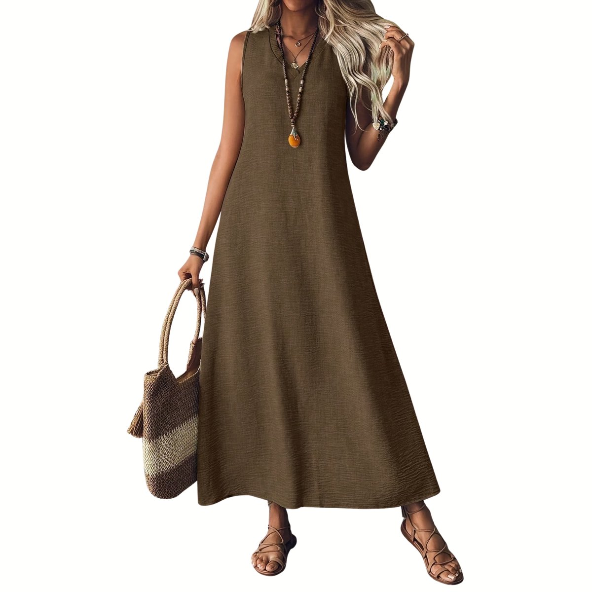 Currero Zomerjurk Dames Zomerjurken Volwassenen Vrouwen Midi Jurk Ibiza Stijl Sundress Dress Bruin