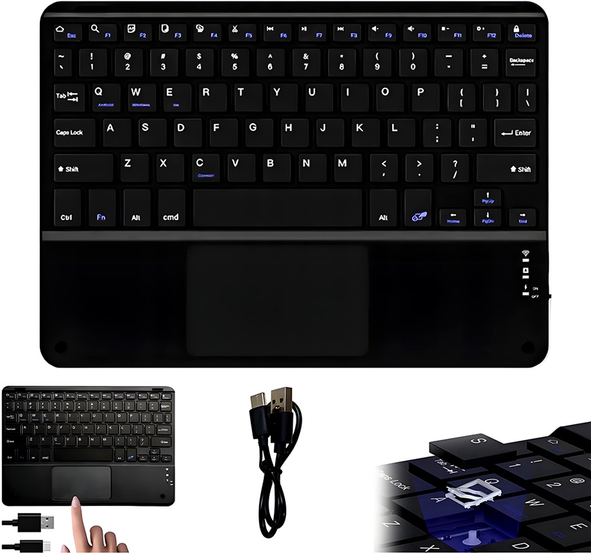 Draadloos Bluetooth-toetsenbord met USB-touchpad - Compatibel met Apple-, Lenovo- en Huawei-telefoons - 10-inch touchscreen - Inclusief oplaadkabel - Zwart